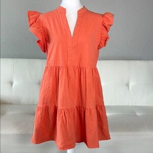 Entro by Anthropologie  Coral Ruffle Sleeve Tiered Mini Dress with Pockets